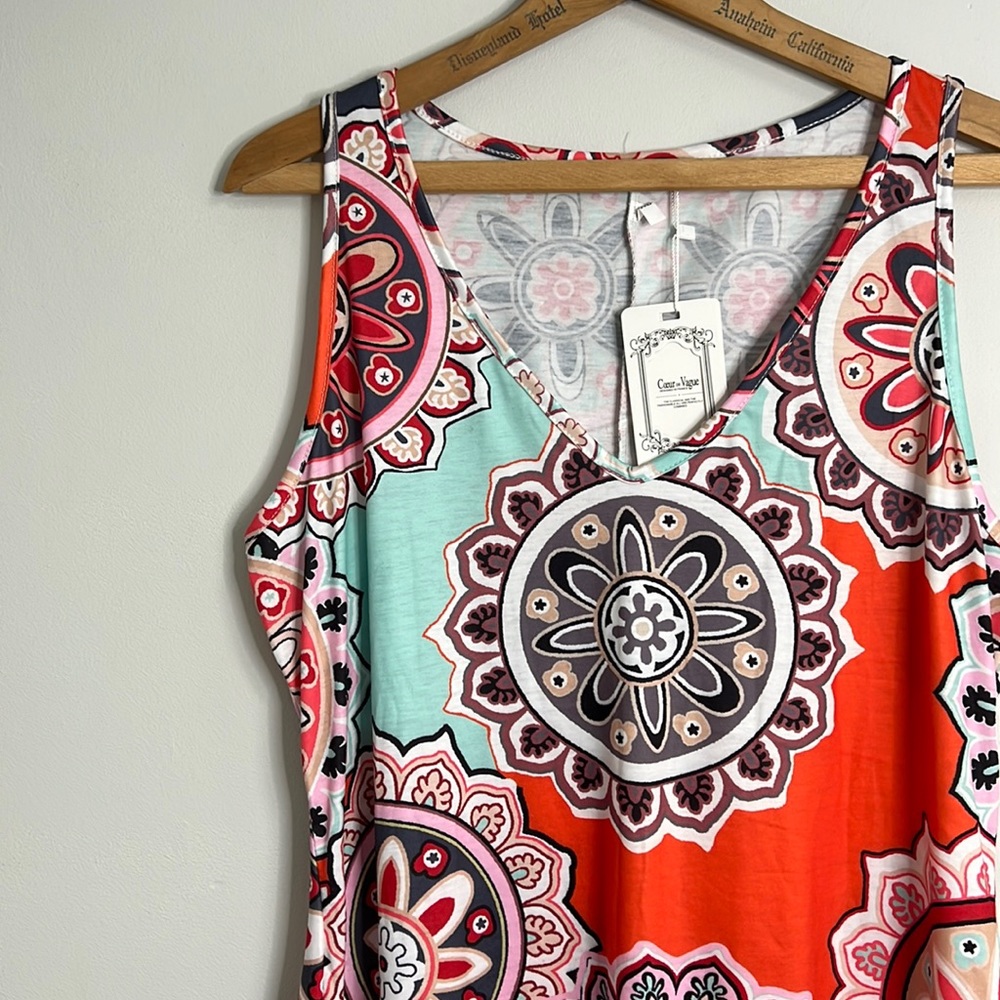 NWT Sleeveless Medallion T-Shirt Dress Pockets V-Neck Orange Pink Gray XL